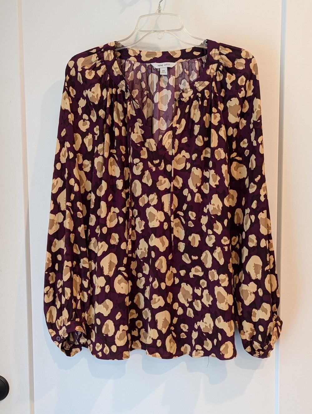 Nine West Ladies XXL Purple Khaki Peasant Long Sleeve Blouse Career Casual EUC